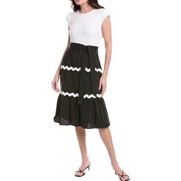 Nanette Lepore Flutter Sleeve Smocked Midi Dress Black White 6 NWT Peasant Boho - Picture 1 of 13